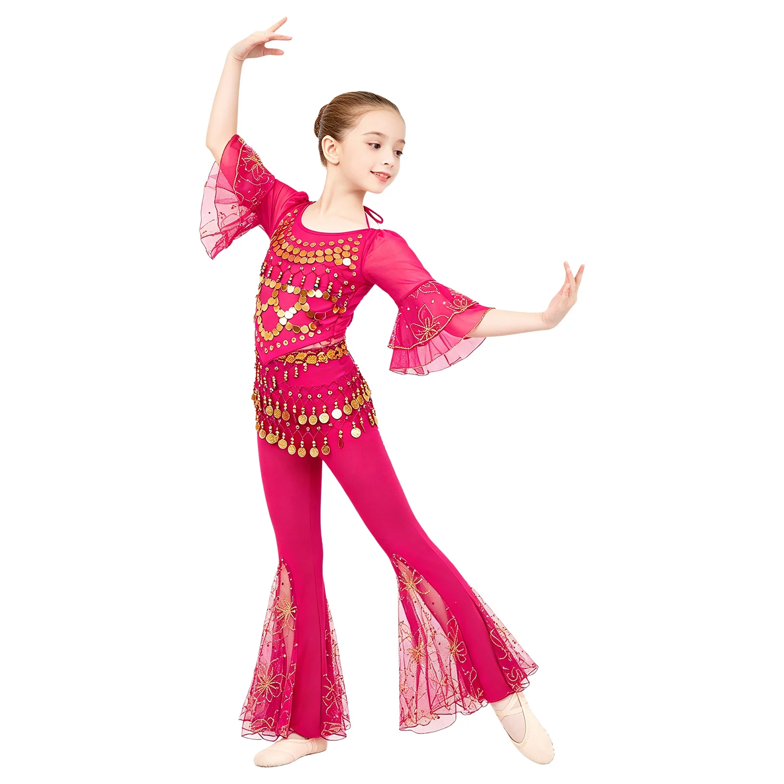 Girls Oriental Indian Belly Dance Costume Professional Clothes Flared Half Sleeve Sequin Tassel Crop Top with Bell-bottom Pants