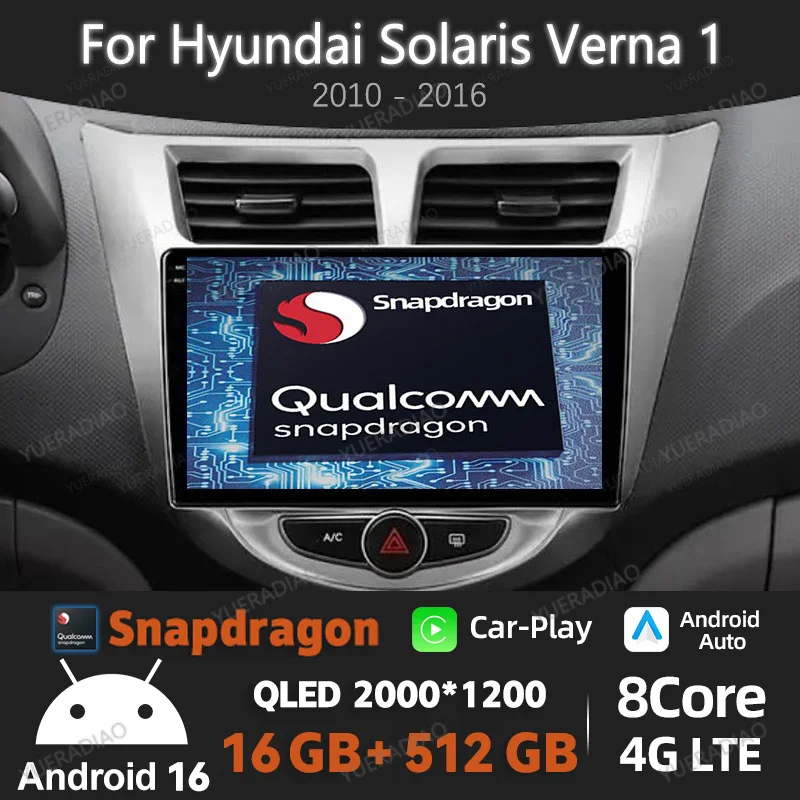 Autoradio Android 16 pour Hyundai Solaris Verna Accent 1 2010 - 2016, lecteur multimédia stéréo vidéo 2DIN QLED GPS NAVI