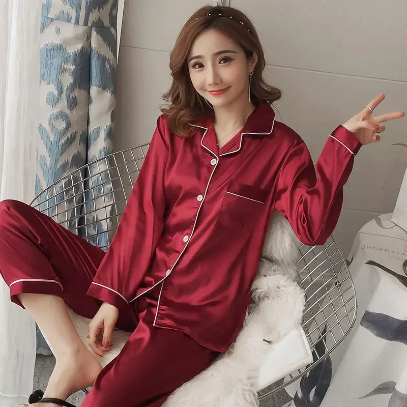 Women Silk Satin Pajamas Pyjamas Set Sleepwear Pijama Couple Pajamas Suit Solid pajamas Multi-colored pajama party