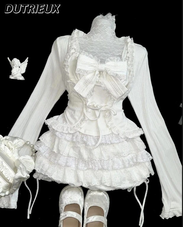 Japanese Gothic Style Sweet Bow Tube Top Suspender and Ruffle Lace Lace-up Cardigan + Cake Splicing Short Skirt 3-piece Set