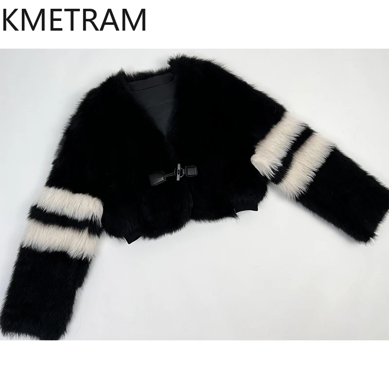 

Двусторонняя меховая куртка из натуральной тосканы и овчины, женская короткая черная шуба с v-образным вырезом, зимняя женская одежда 2025 шуба
