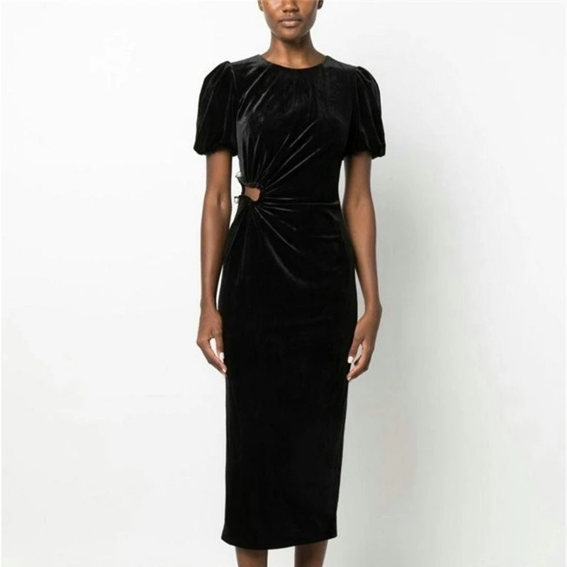 

2024 summer women's velvet round neck dress puff sleeves slim fashion trend simple robe