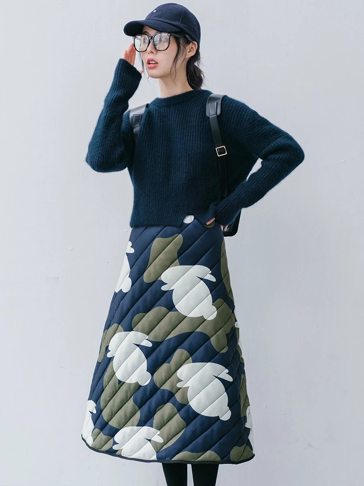 

Adorable Soft Rabbit Print Bunting Cotton A-Line Skirt f-length Polyester Fiber Commute Sle mid Waist Bluwhite