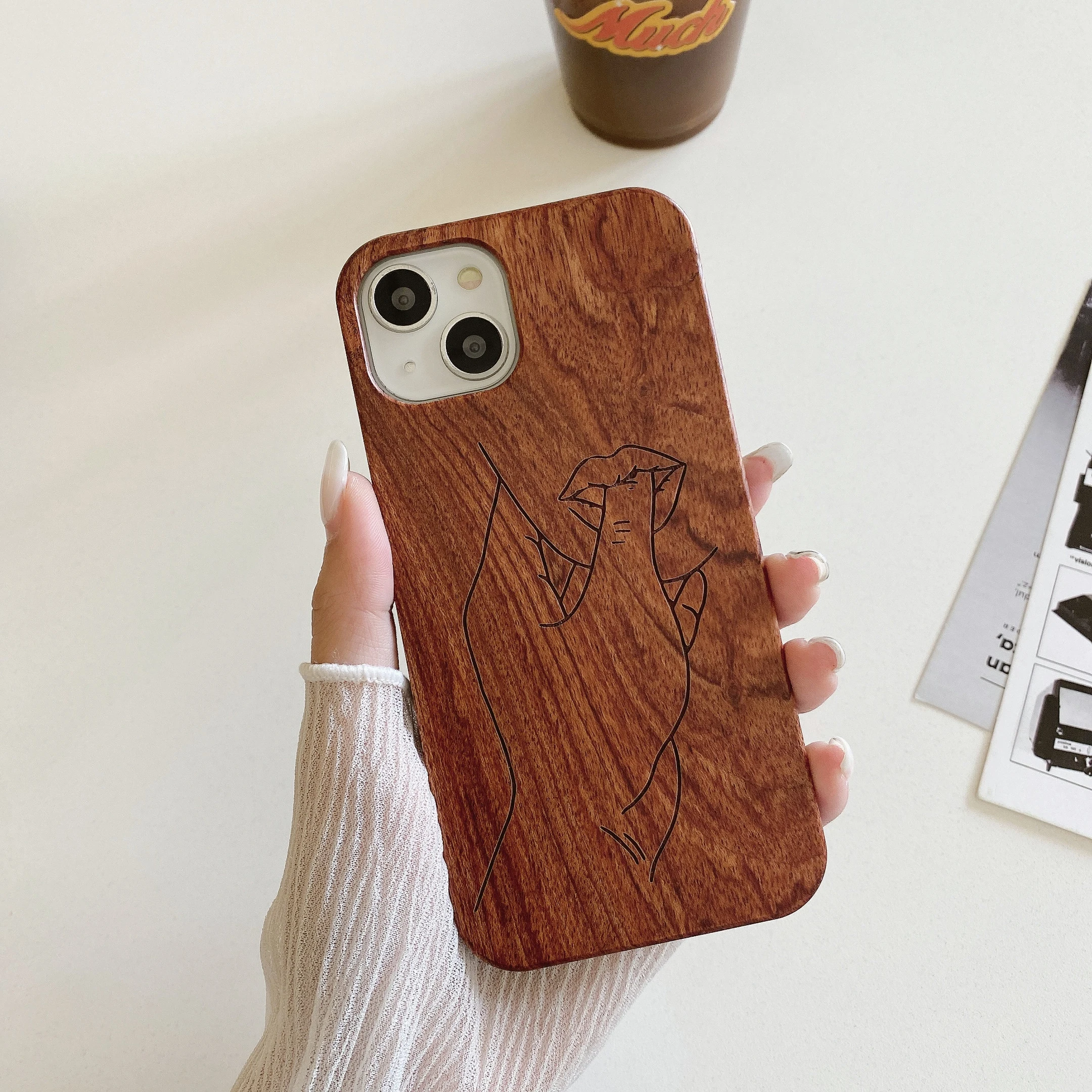 

Artistic Girl Sexy Lips Real Wood Phone Case For iPhone15 14 14ProMax 14Plus 13Promax 13 12 11 Cherry Walnut Wooden Cover