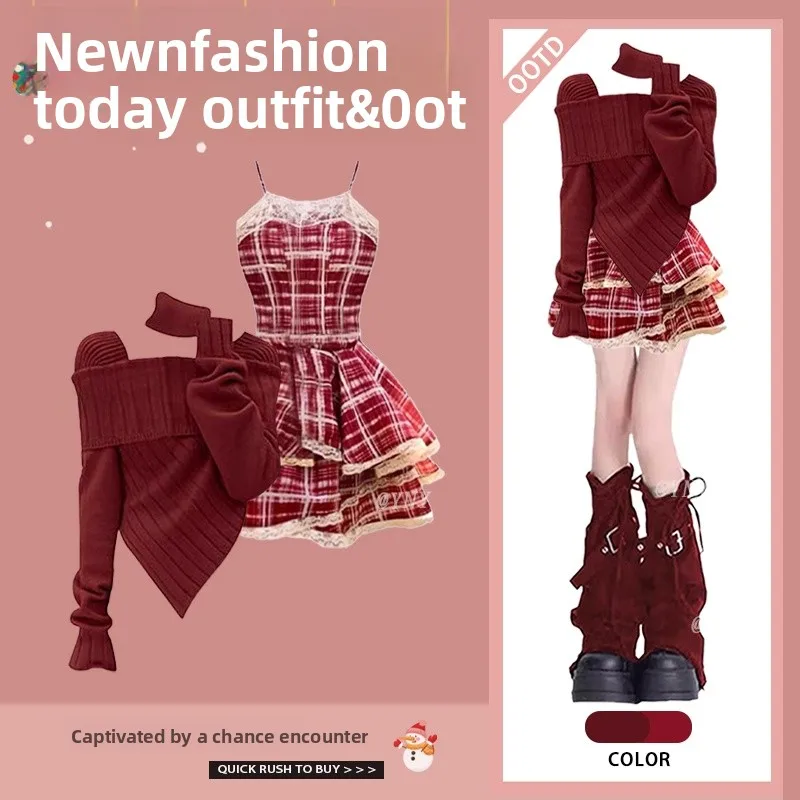 

Autumn Winter New Sle Red Knitted Sweater Set Women's Design Sense New Year's Outfit with Plaid ter Dr Two-Piece Set