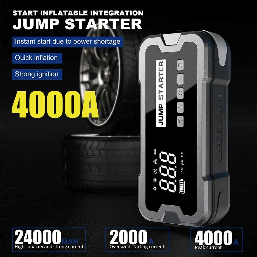 4000A Car Jump Starter Air Pump 25 Cylinder Inflatable Pump with Air Compressor Jumper Box 24000mAh Power Bank Battery Charger