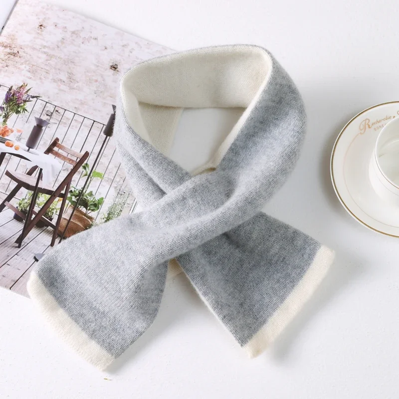 Women 100% Wool Hole Neck Rectangular Knit Scarf Two Tone Contrast color Edge Loop Wrap Wnite Keyhole Daily Neckwear Accessory