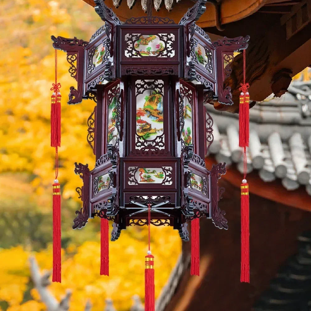 Antique Chinese solid wood lanterns, hexagonal ancient style, Chinese style, balcony gate, new wedding palace lantern courtyard