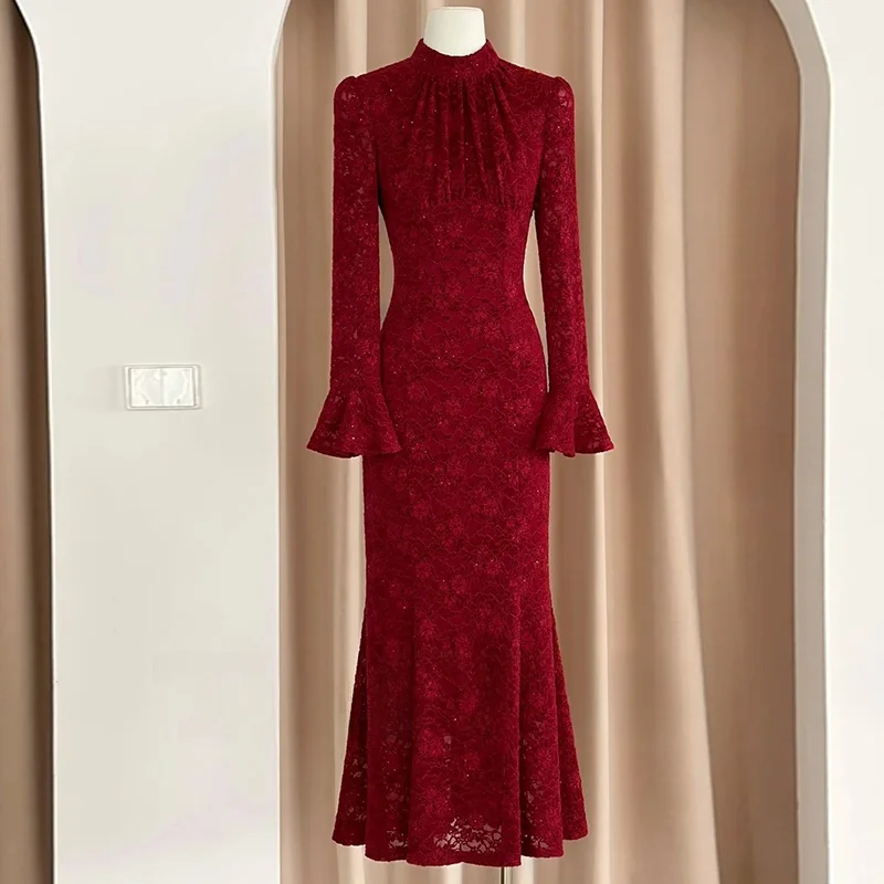 

Red Wine Color Lace Fi Tail Wedding Dr Long Sve Engagement Celebration Gown Vintage Sle round Neline for Banquet