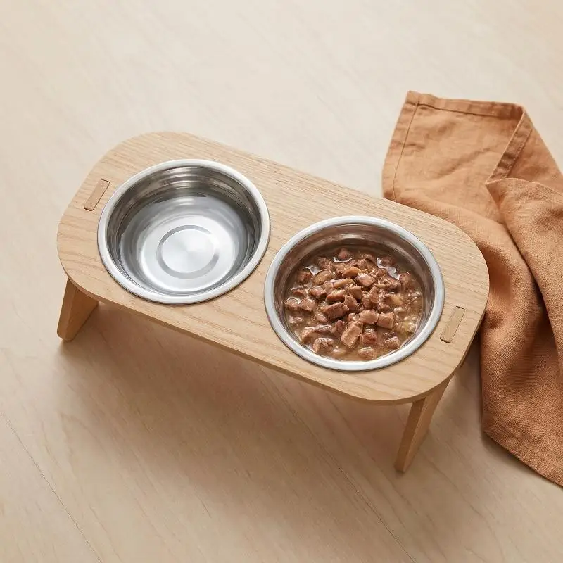 Tilted Cat Food Bowls On Wooden Stand Raised Elevated Design Easy Eating Pet Feeder For Daily Home Use