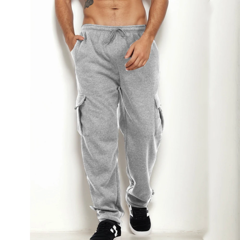 Men's Cargo Sweatpants Straight Fit Joggers Sports Pants Autumn Winter Streetwear Loose Fleece Long Pants Men Multi-pocket Pants