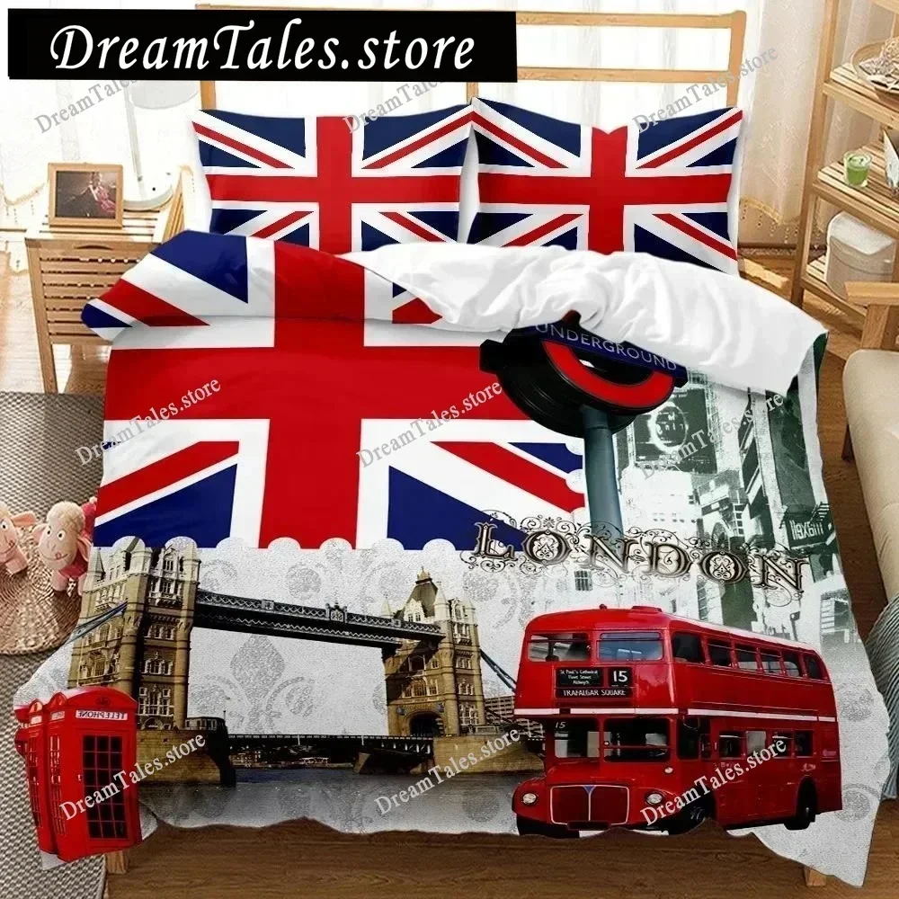 King Queen Duvet Cover UK London Style British Elements Bedding Set for Teens Adults London Bridge Big Ben Polyester Quilt Cover