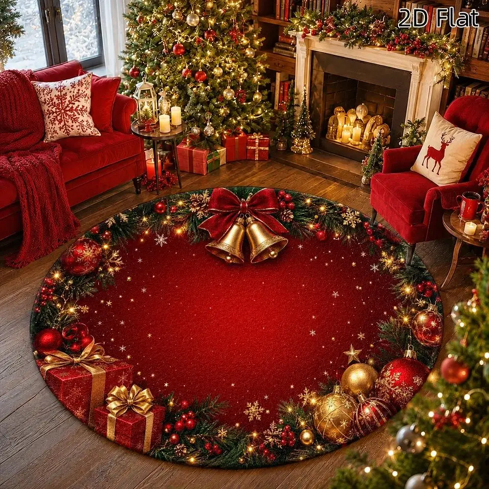 Xmas Bell Christmas Round Floor Mat Red Background Bauble Gift Pattern Printed Rug Festive Home Decoration for Xmas Time