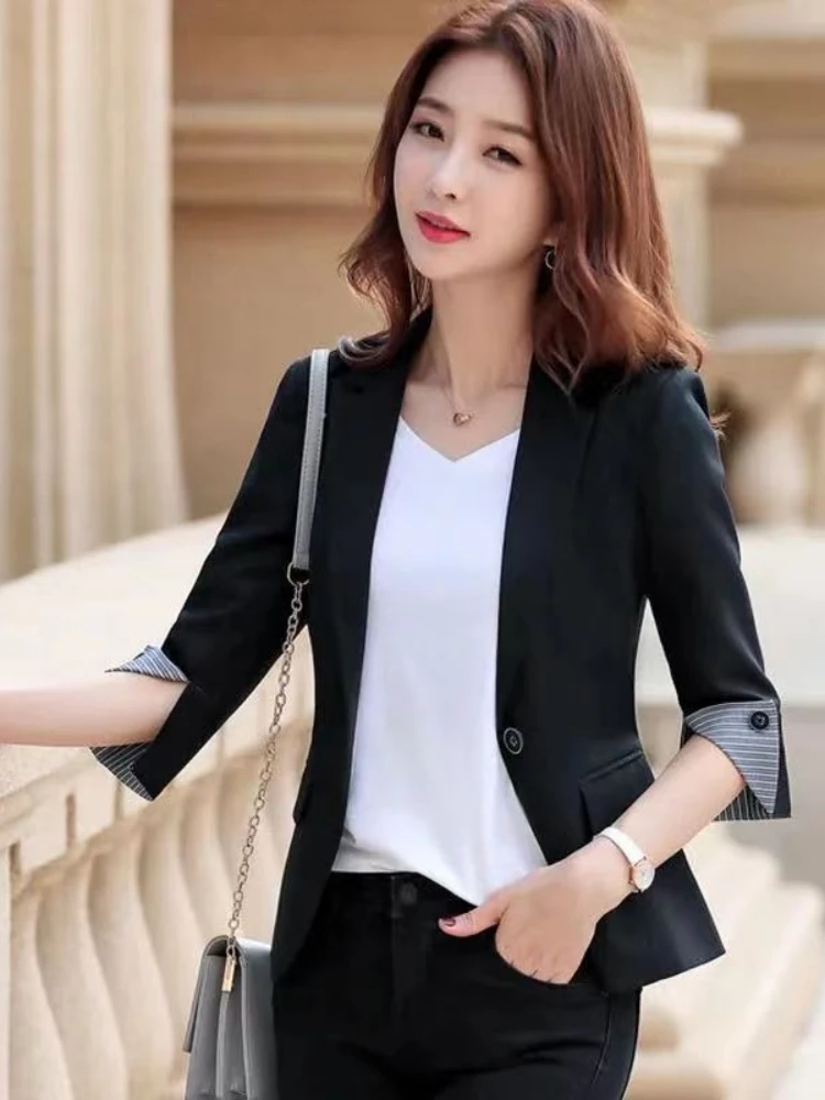 Black Women Blazer Formal s Lady Office Work Suit Pockets Jackets Coat Slim Femme E178