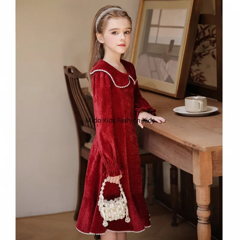3-15Y Girls Christmas Red Dress with Peter Pan Collar Tiered Skirt Sweet Princess Party Gown 100-160cm