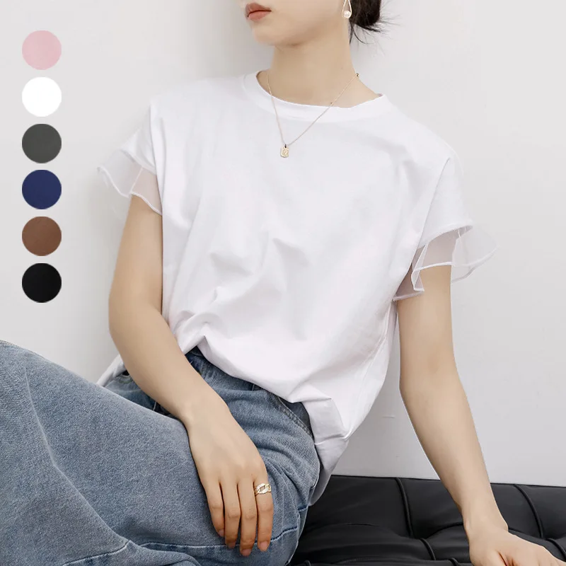 Lotte Summer New 6 Colors Mesh Patchwork Ruffle Round Neck Cotton T-Shirt Women Simple Top Trendy
