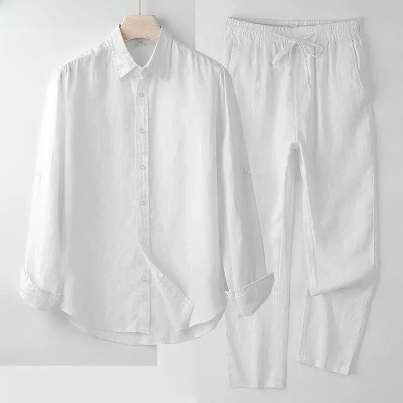 Conjunto de Camisa de Manga Larga para Hombre, Camisa Casual Holgada y Ligera de Verano, Pantalones de Nueve Puntos, Conjunto de Dos Piezas de Algodón para Hombre Joven, Primavera-Otoño