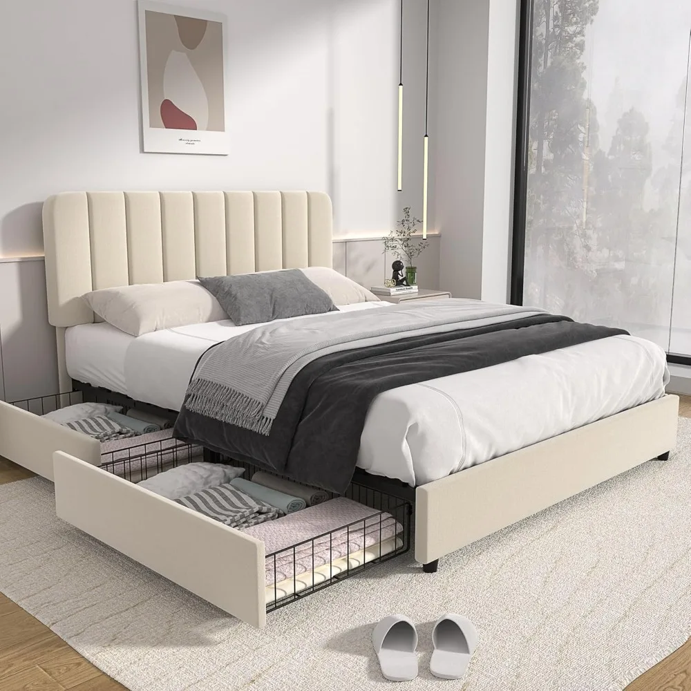 

Queen Size Bed Frame with 4 Drawers and Adjustable Headboard, Elvet Platform Storage Bedframe Mattress Foundation, Bed Frame