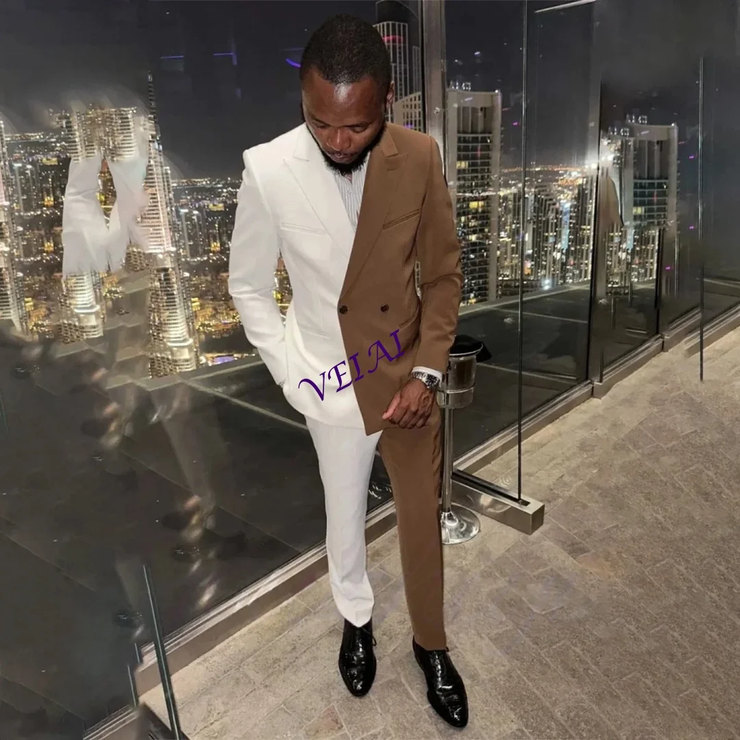 Men's Brown White Color Stitching Double Breasted Tuxedo Suit 2pcs Set Casual Wedding Groom Business Jacket with Pant Customized