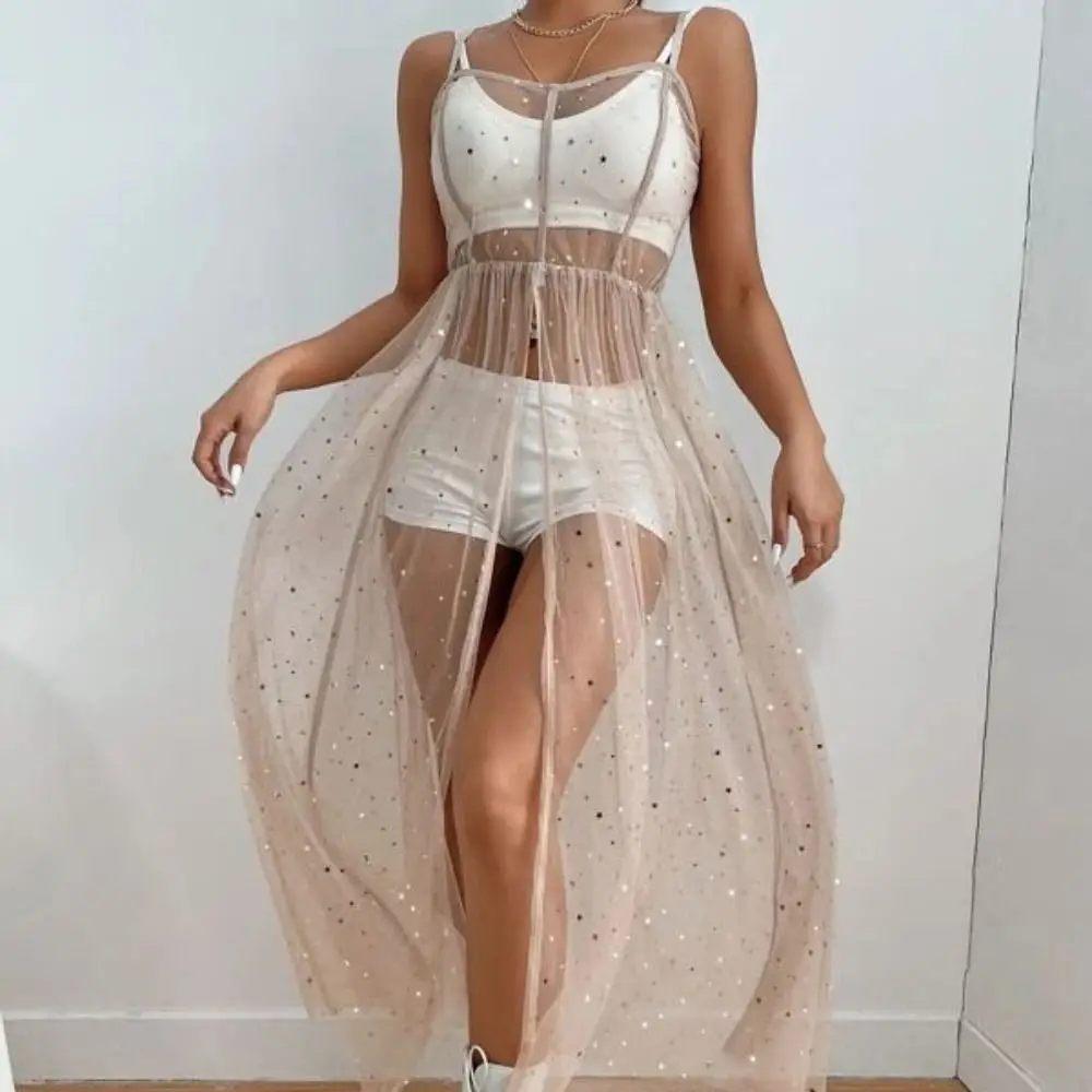 Bling Bling Dress Summer Tulle Dress Spaghetti Straps Mesh Patchwork Women Cover Up Off Shoulder See Through V-Neck Sling Dress