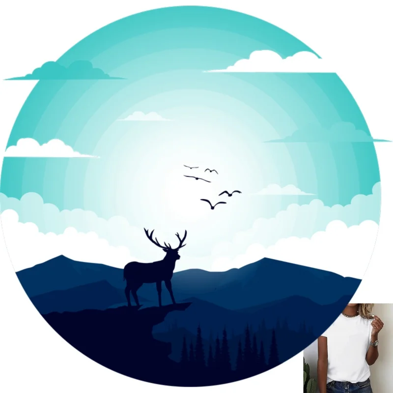 Nature Landscape Elk Heat Transfer White Ink Iron - on Patch, Suitable for T - shirts/Canvas Bags/Clothes, Casual Outdoor