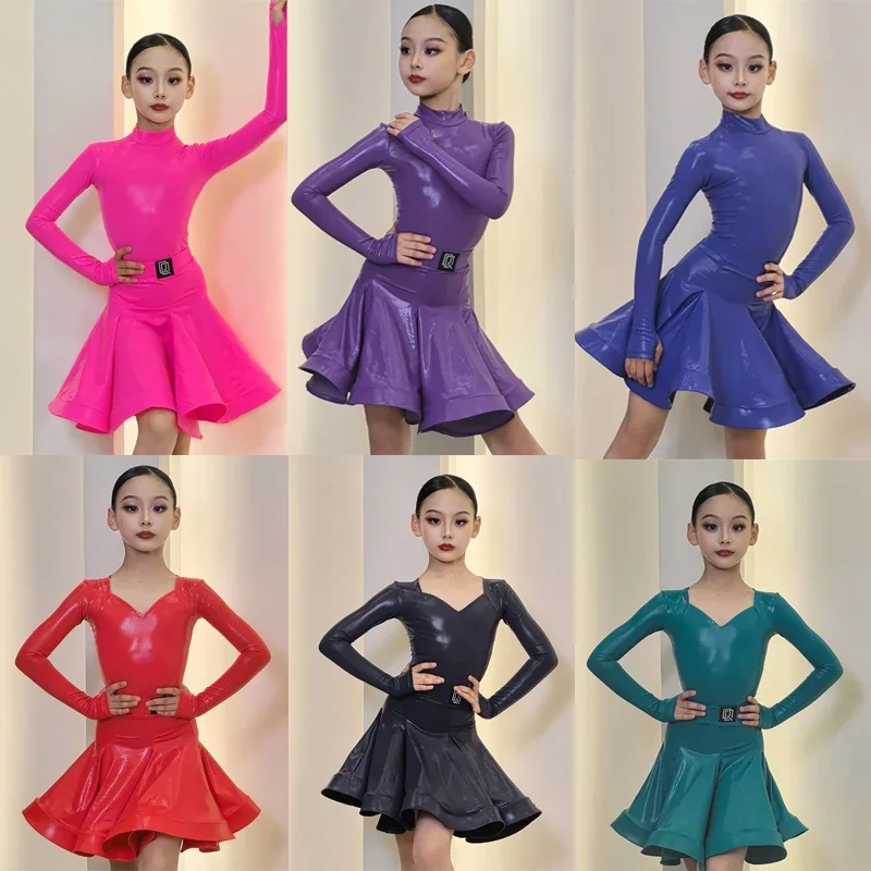 

Girls Ballroom Dance Competition Clothes Stage Performance Wear 6 Colors Bright Leather Latin Dance Professional Dresses