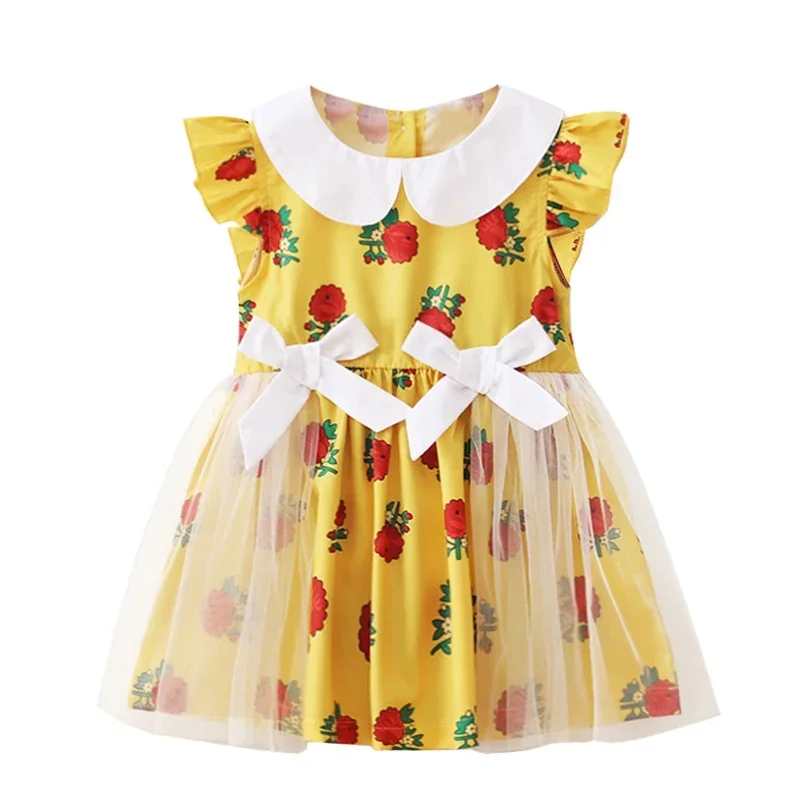 Toddler Girl Fashion Dress Cute Doll Collar Sleeveless Floral Print Mesh Skirt Birthday Party Wear for Children Girls 1-6 Years