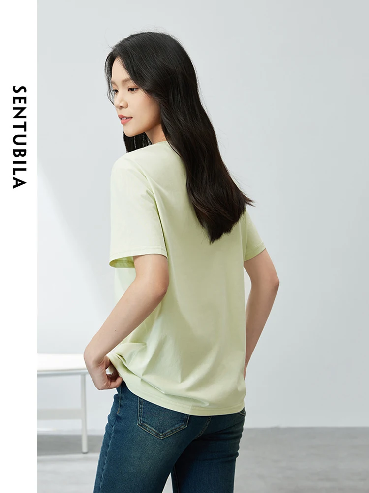 SENTUBILA Comfort Printed Cotton Short Sleeve Top for Women 2024 Summer Casual Loose Round Neck T-shirt Basic Tees 142T54512