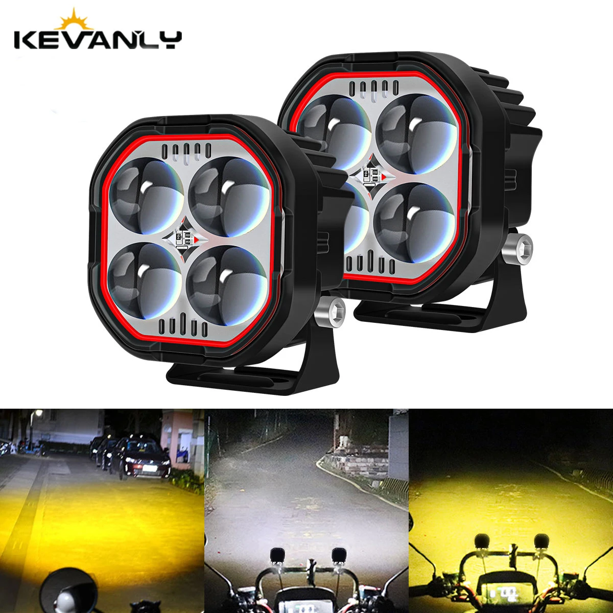 Motorcycle 4Lens LED Spotlight High Brightness White Yellow Red Flashing Light Bulbs High Low Beam DRL Driving Lamp Headlight