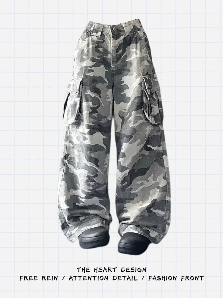 

American Vibe Large Size Washed Camouflage Multi-Pocket Workwear Denim Pants Women's Street Style Loose Wide Leg Long Trouser...