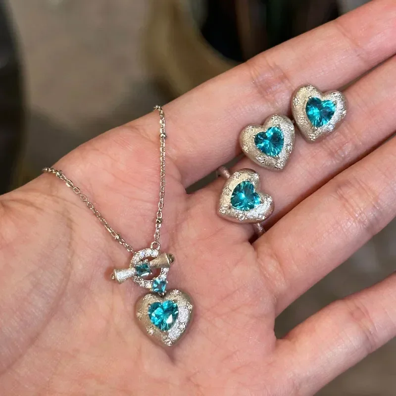 

Fine light luxury Paraiba silver 925 jewelry sets for women blue-green heart rings retro exquisite necklaces wire drawing craft