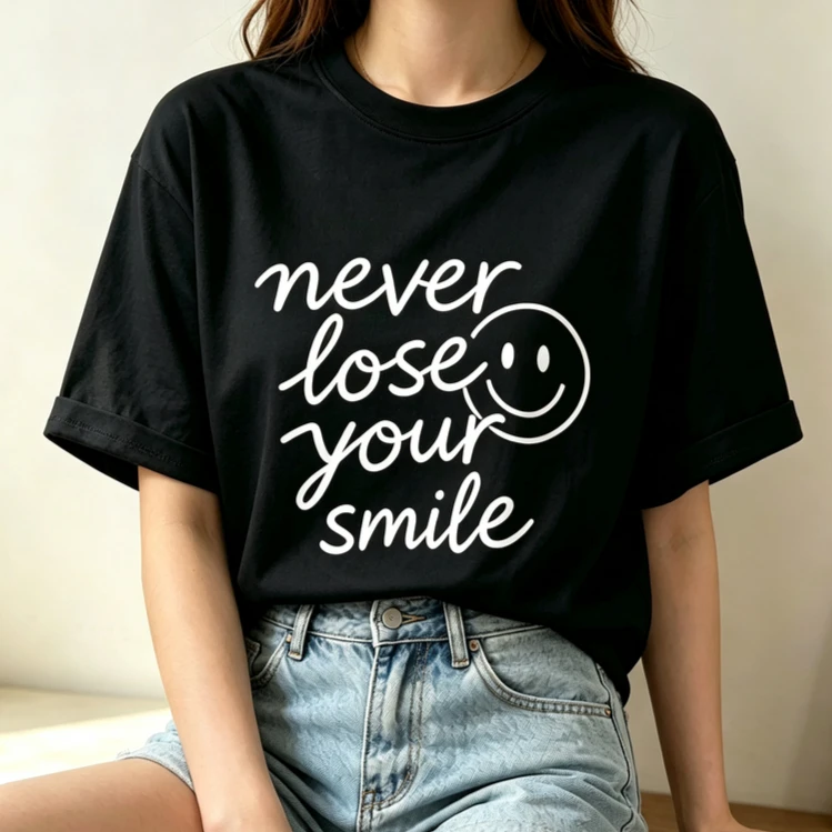 Cute Outline Smiley Graphic Tshirt Ladies Never Lose Your Smile Letter Print Comfort Lightweight Everyday Vacation Tee Y2k Top
