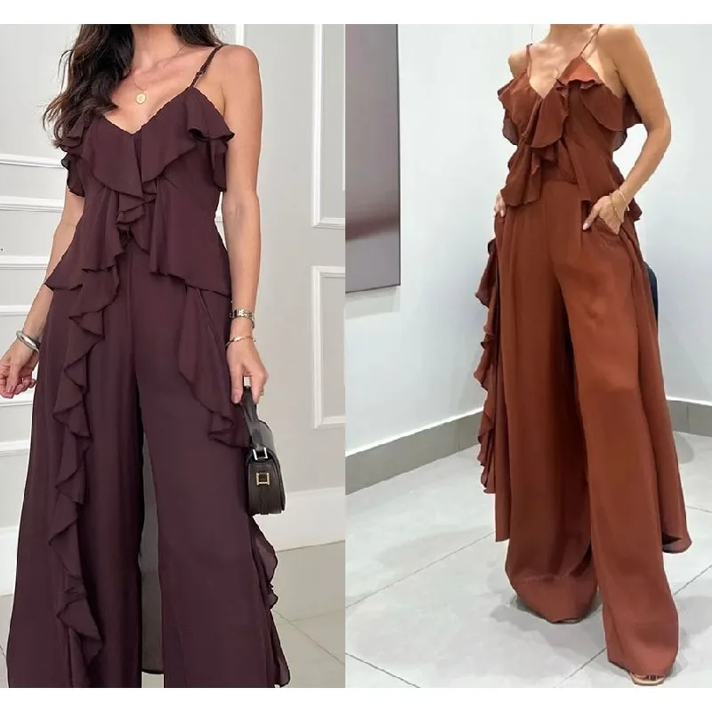 

2026 Summer Solid Color V-neck Suspenders Straight-leg Pants Two-piece Set
