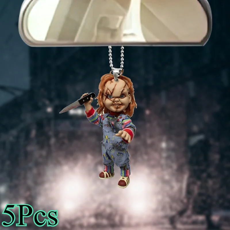 5Pcs Horror Theme 2D Car Hanging Pendant For Rearview Mirror Decoration, Suitable For Car Interior Halloween Decorations