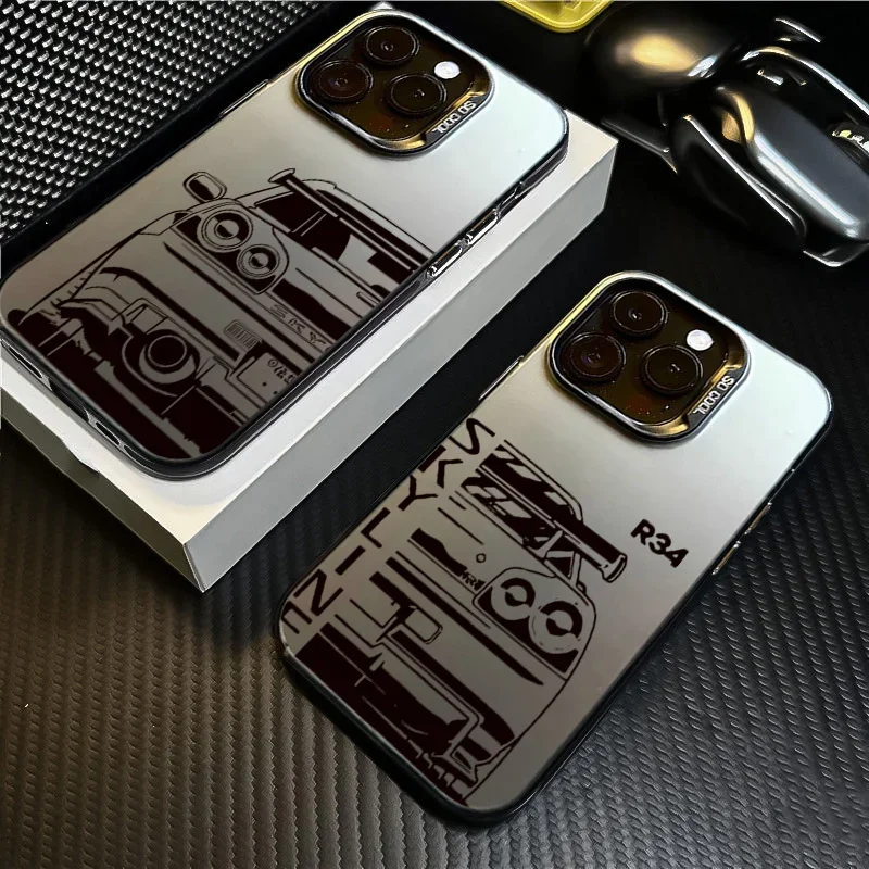 Cool Car Design Phone Case for iPhone 17 16 Pro15 Pro Max 14 13 Mini 12 11 14 Plus SE3 7 8 15 Plus XR XS MAX Laser Silver Cover