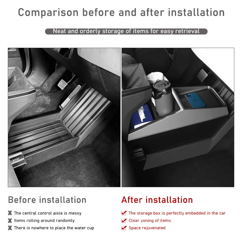 1PcsCenter Console Armrest Storage Box For Tesla Cybertruck 2024 Accessories Sliding Drawer Design Interior Upgrade Auto Storage