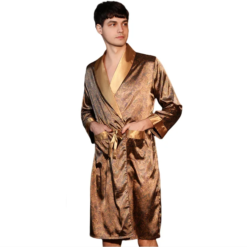 Euro US XL Fits 100KG New Design Print Navy Blue Men Silk Robes Male Senior Satin Sleepwear Long Robe Set Long Sleeves Nightgown