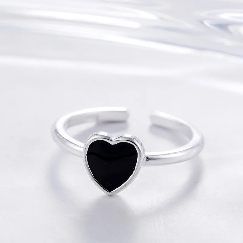 Wunderschöner, exquisiter, modischer, neuer Ankunfts-Schmuck aus 925er-Sterlingsilber, beliebte herzförmige, liebe schwarze Epoxidharz-Öffnungsringe R355