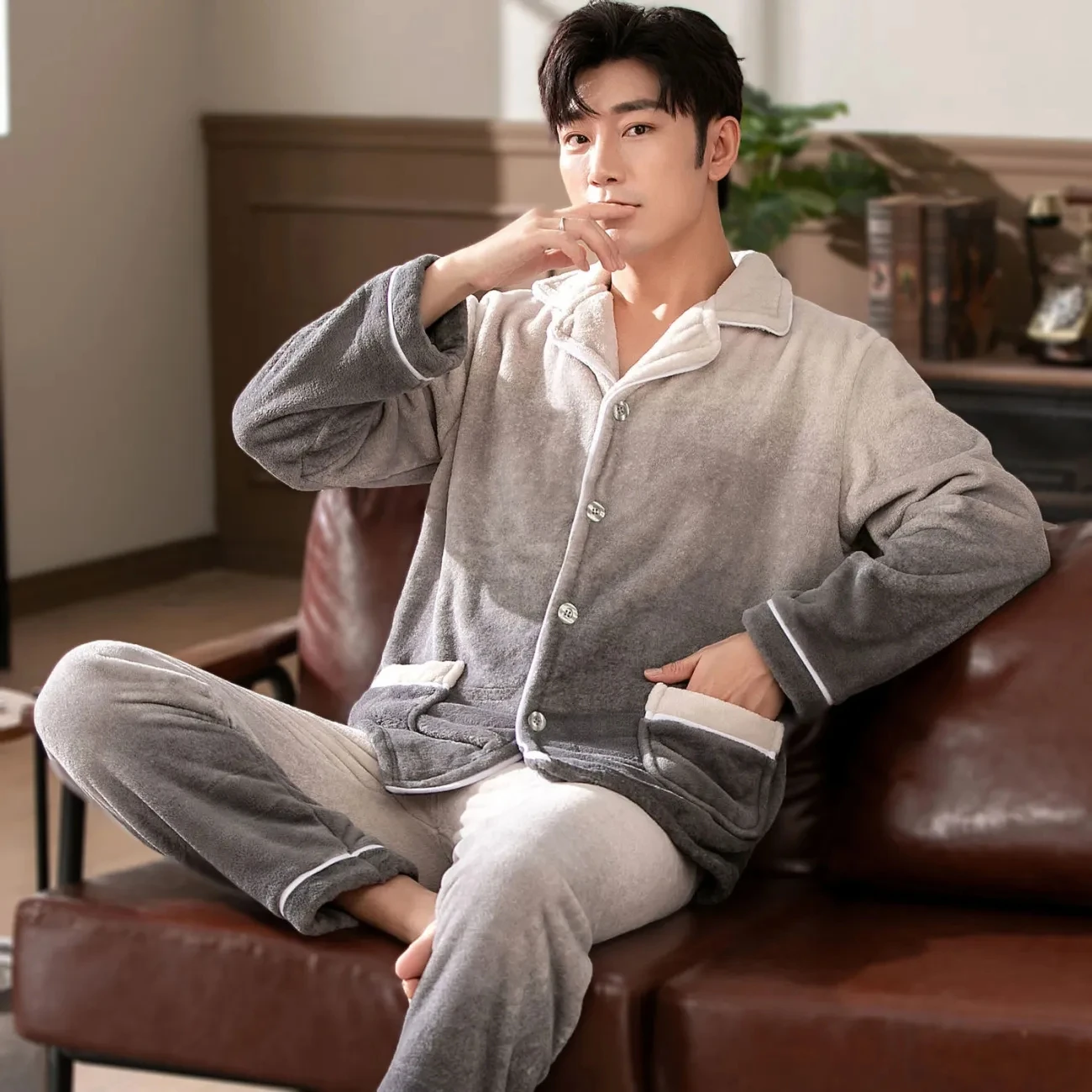 ผู้ชายชุดนอน Sleepwear ฤดูใบไม้ผลิฤดูใบไม้ร่วงฤดูใบไม้ร่วงชุดนอนสบายสำหรับชายชุดนอนชายสีเทา Pijama Pakaian Rumahan ชุดนอนชุด