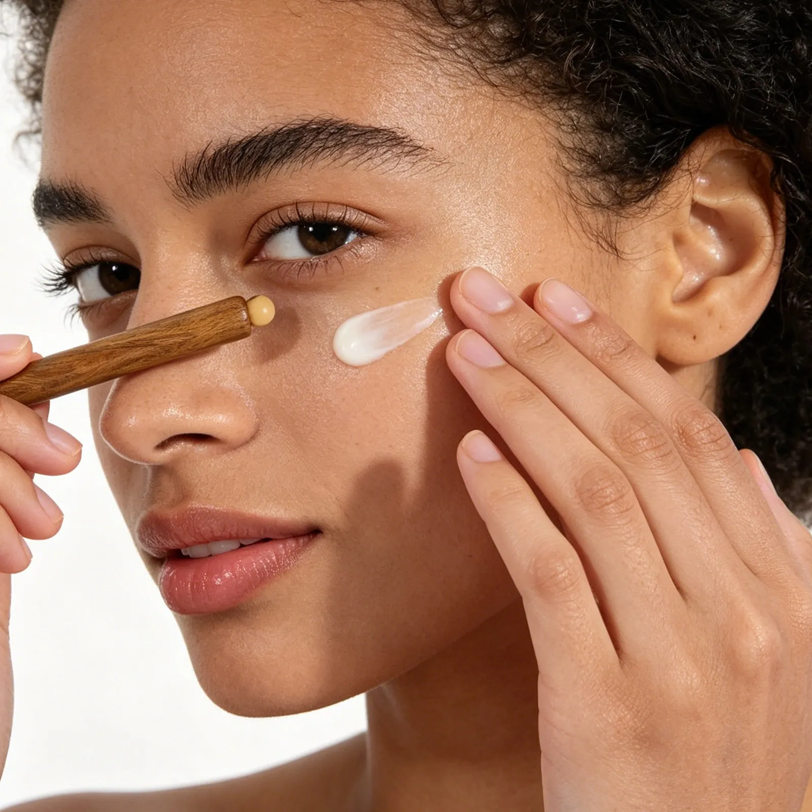 Outil de massage facial en bois Gua Sha, masseur oculaire, manche en bois de santal, rouleau à billes en corne pour stimulation des points d'acupression, portable