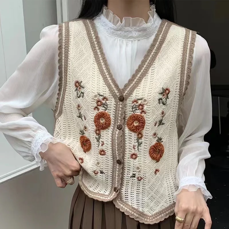 Crochet Vest Women's Floral Embroidery Open Knit Button Front Crop Tank Top Summer Fairycore Cottagecore Granny Teengirl Outfit