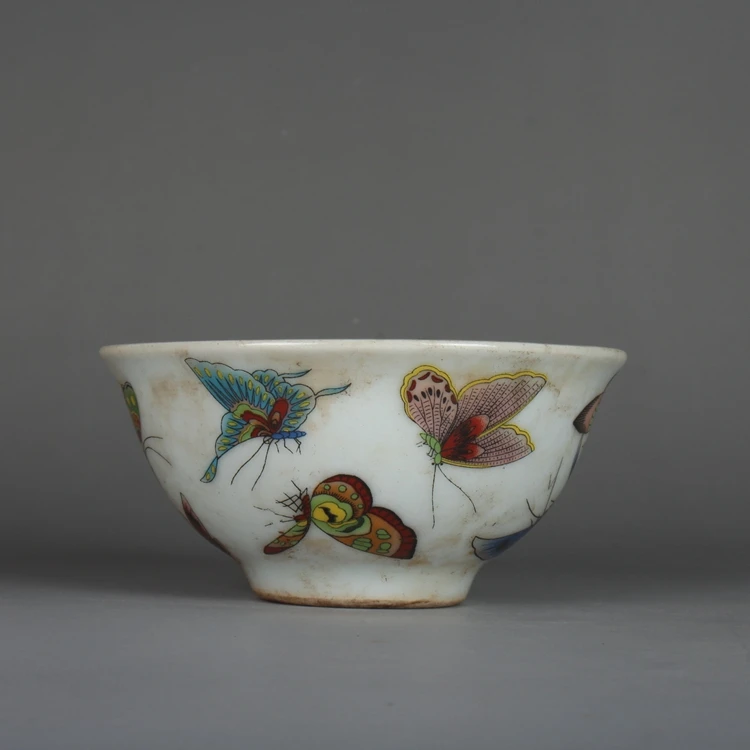 Antique Folk Kilns Of The Late Qing Dynasty And The Republic of China Pastel Enamel Butterfly Bamboo Hat Bowl Cup Tea Cup