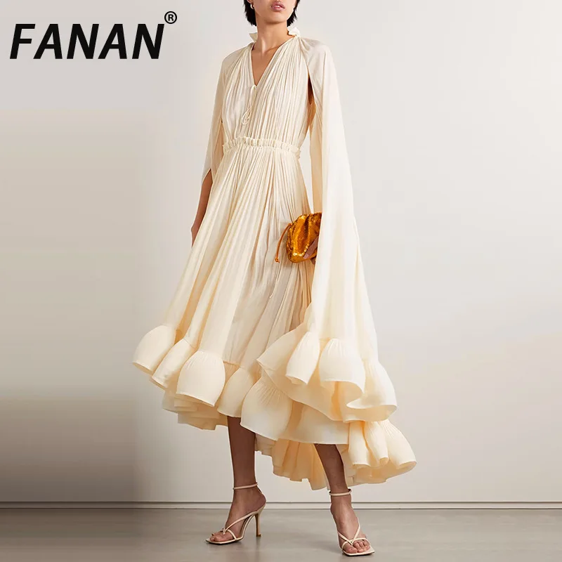 

FANAN Elegnat Ruffles Design Long Dress For Women V Neck Lace-up Gathered Waist Temperament Dresses Female Clothes 2025 New