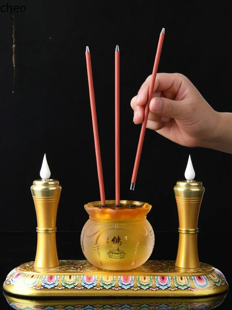 FJ god of wealth incense burner for home worship three-piece set with incense candle holder and digital candle all-in-one