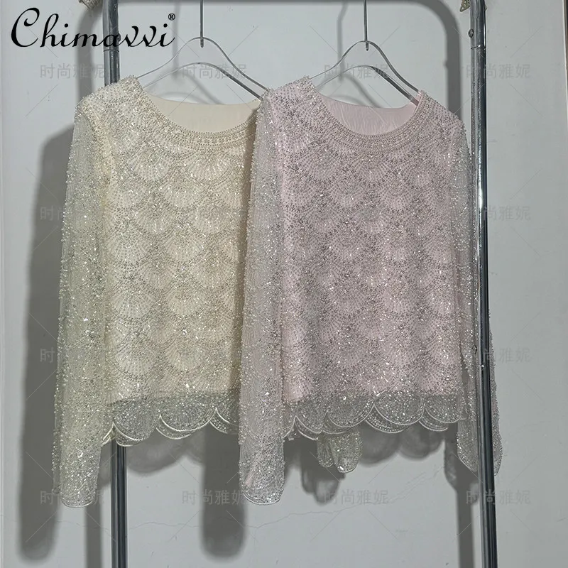 

Fashion Heavy Sequin Lace Shirt Women's 2026 Spring and Summer New Women's Round Neck Long Sleeves Loose Fish Scale Sleeves Tops