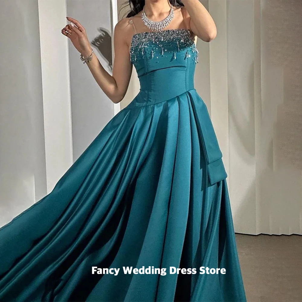 Fancy Green Beading Strapless Satin Evening Party Dress A-LINE High Quality Slim Backless Saudi Arabia customized