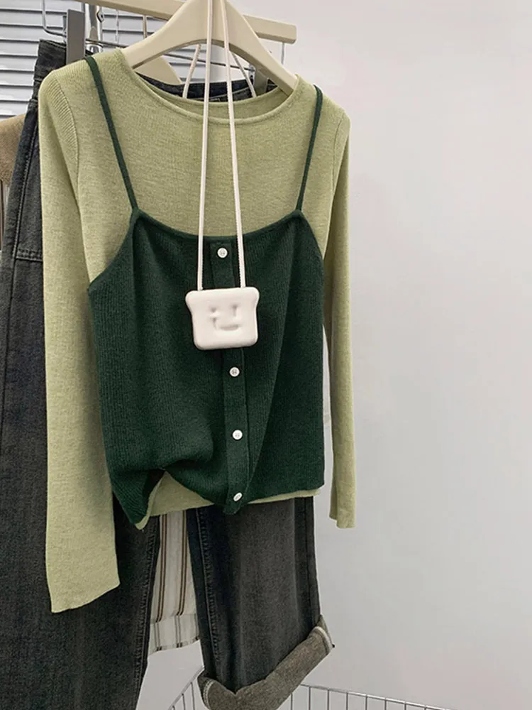 

Универсальный комплект из двух предметов, жилет на бретелях, модный топ, антивозрастной вязаный свитер, многослойный верхний повседневный шикарный рукав для поездок на работу