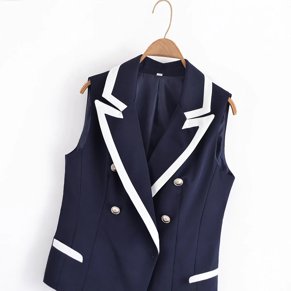 여성 세련된 턴 다운 칼라 더블 브레스트 포켓 장식 민소매 양복 조끼 탑 + 패션 캐주얼 바지 2 조각 세트