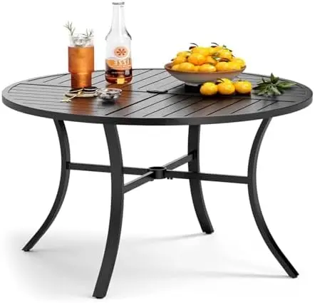 Patio Round Table w/Umbrella Hole, Metal Table for 4, Black | 42