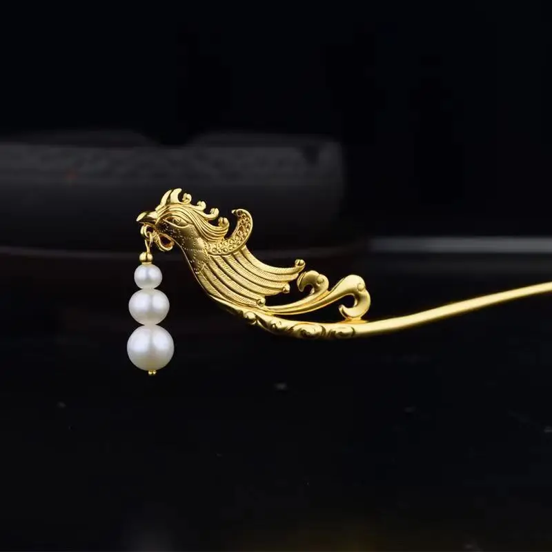 

Retro court style antique gold crafts Hanfu accessories Embossed phoenix cloud hairpin pearl tassel charms pins classics